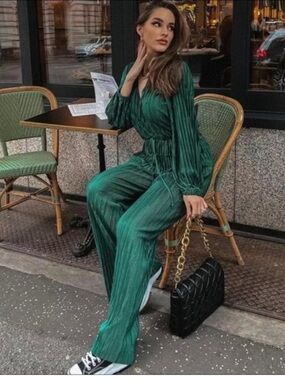 Zara Bloggers Favorite Pleated Blouse and Wide Leg Pant Set Emerald Green M NWT